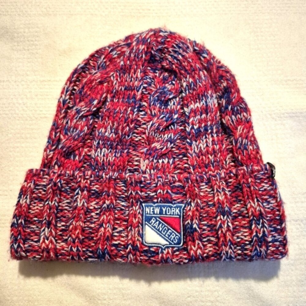 New York Rangers women's one size cable knit red, blue & white beanie, VGUC